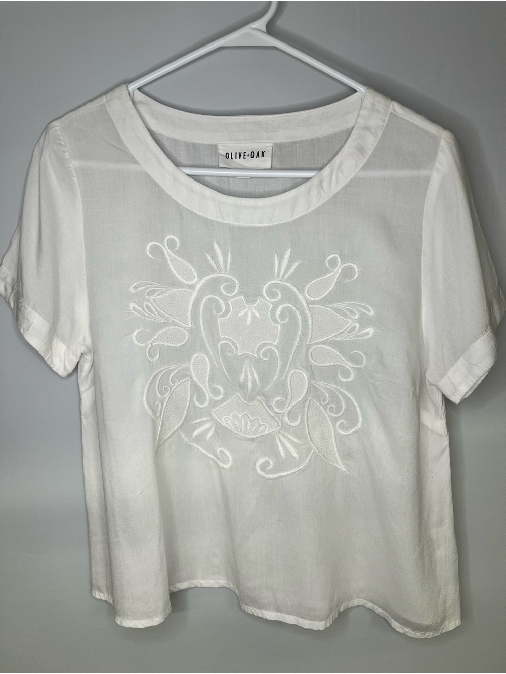 Olive + Oak White Embroidered Sheer Blouse Small Boho Top